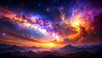 Cosmic Sunrise Mountain Landscape.