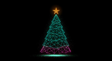 Modern Christmas tree glowing in neon lights with star, perfect for seasonal design