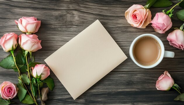 Pink Roses With Clear Greeting Paper And Gift Box, Coffee Cup On Shabby Wooden Planks. Ample Space For Copy. Overhead View.