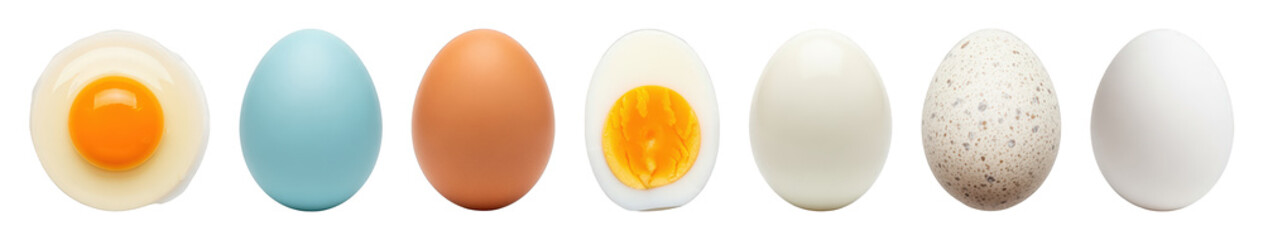 Egg set including whole, raw, hard-boiled, soft-boiled, and various shell colors isolated. Culinary ingredient and food collection.