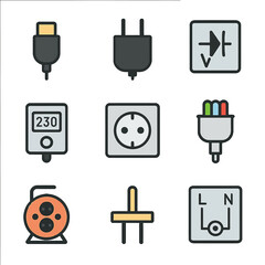 Seamless linear icons of electrical plugs and symbols with soft gradient background