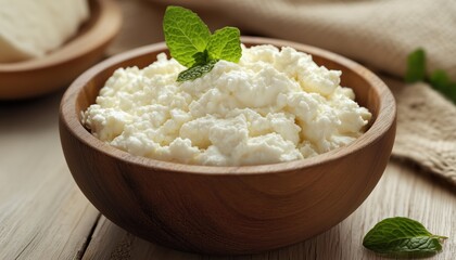 Creamy Ricotta Cheese And Fresh Mint Leaves Served In A Wooden Bowl - A Mouthwatering Combination Of Flavors And Textures.