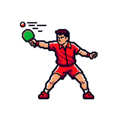 Naklejka premium Pixel art illustration of a man in red sportswear playing table tennis, hitting a ball with a green paddle.