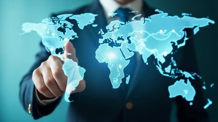 A businessman points at the world map, indicating his global ambitions - Powered by Adobe