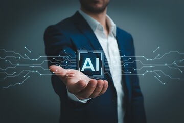 Businessman presenting the ai symbol, representing artificial intelligence and its impact on future technology and business