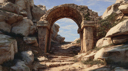Exploring a weathered stone arch and rocky pathway in a mountainous landscape during daylight