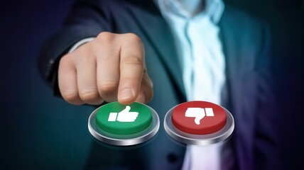 Businessman's hand selecting the like button, making a positive decision, representing approval, choice, and success in business, marketing, or online engagement