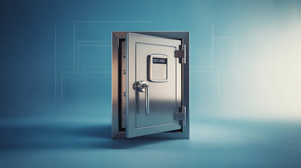 Code lock on the safe door, A secure steel vault with a digital keypad lock and handle, placed against a clean blue gradient background, created with generative ai