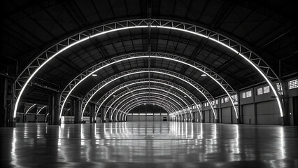 Fototapeta premium Stunning modern warehouse arches with reflective floor and ambient lighting