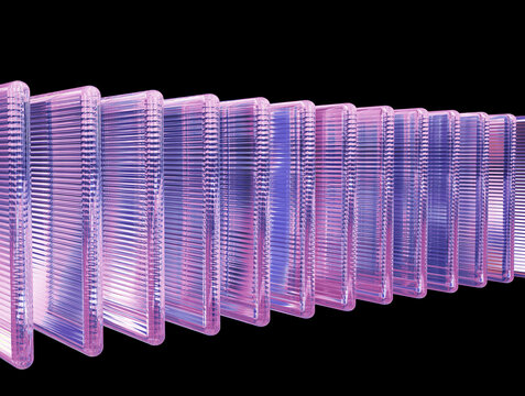 Abstract, glass, futuristic, three-dimensional, prismatic art with a transparent, glossy, and holographic texture. The geometric object is a wavy, layered shape with a smooth, flowing curve