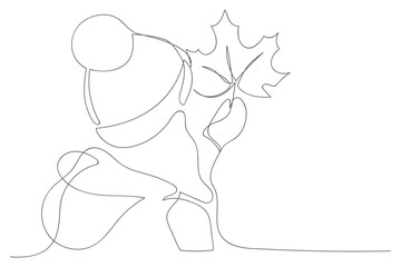 Girl in a hat holding a maple leaf, continuous one line drawing