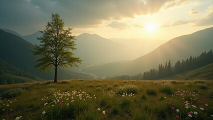 A solitary tree stands sentinel on a meadow at sunset, surrounded by mountains.