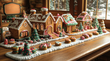 Fototapeta premium Close-up hand placing Christmas tree-shaped gingerbread cookie white icing among snowflake cookies.