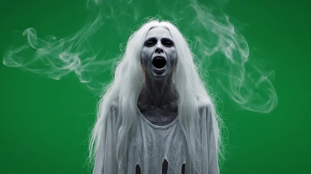 Ghostly Banshee Scream with VFX - A pale, ghostly female figure with long white hair screams silently against a green screen background.