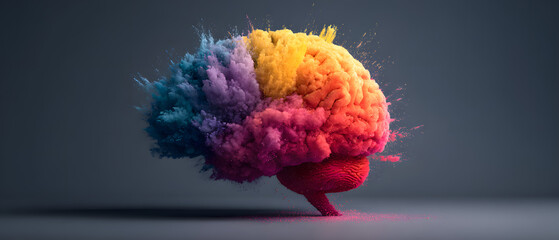 Rainbow human brain explosion, cognitive overload, ceative inspiration, world ental health day, psycholoy and neurology concept