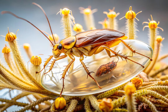 Detailed Cockroach on Glass with Yellow Floral Elements