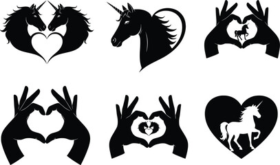 Magical unicorn and heart silhouettes featuring hand gestures and loving pairs