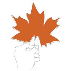 Hand holding a maple autumn leaf,continuous one line drawing