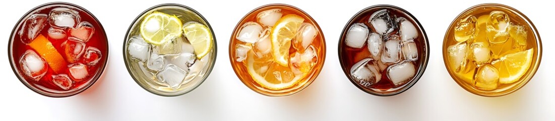 Refreshing summer cocktails with ice and citrus fruits overhead view studio