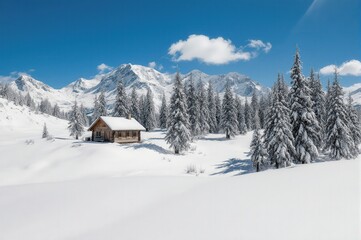 Fototapeta premium Snow-Covered Cabin Amidst Winter Landscape with Snowy Mountains and Pine Trees
