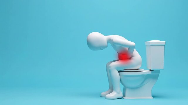 White model of a person on a toilet suffering from stomach pain, diarrhea or hemorrhoids. Animated model of a person, medical demonstration of pain. Medicines, drugs, health problem