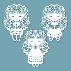 Set of Christmas angels. Template for laser cutting from paper, wood, cardboard, metal. For Christmas and New Year decorations, cards, invitations, interior decorations, stencils, etc. Vector