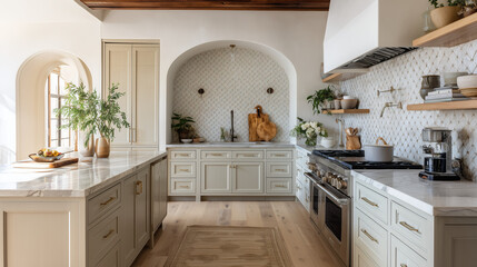 Modern Farmhouse Kitchen with Cream Cabinets and Natural Wood Accents