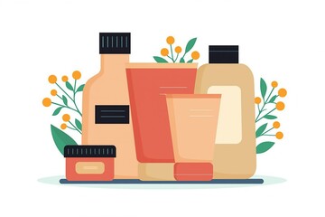 Collection of natural skincare products with botanical elements and floral accents