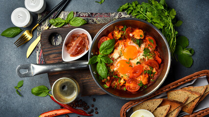 Delicious shakshuka breakfast in a pan. Traditional Jewish food. Healthy meal.