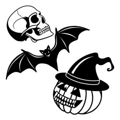 A cute  halloween,cartoon pirate skull and crossbones icon with a funny hat and a big smile