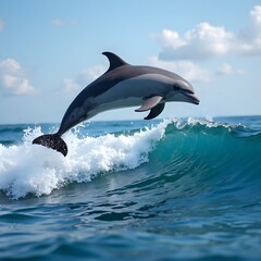 Fototapeta premium Dolphin Jumping Above Ocean Waves, dolphins jumping