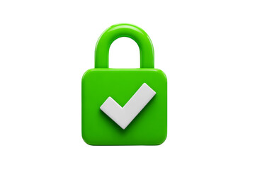 3d green lock icon with white correct check  mark symbol isolated on transparent background.