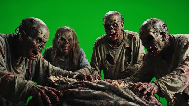 Ravenous Zombies Feasting on Corpse - Green Screen - A low-angle shot of four gruesome zombies ravenously devouring a bloody corpse against a green screen.