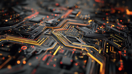 An abstract circuit board representing futuristic technology, with intricate patterns, glowing connections, and a high-tech, digital-inspired design