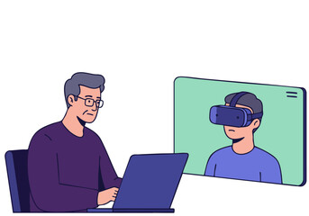 A man uses VR to monitor PTSD symptoms on a laptop screen.  A virtual therapist appears.  Modern, digital therapy concept.