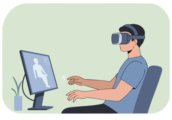 A man uses a VR headset, interacting with a 3D human model displayed on a computer screen. Modern workspace setting. Immersive technology.