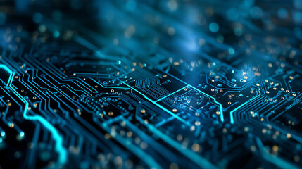 An abstract circuit board representing futuristic technology, with intricate patterns, glowing connections, and a high-tech, digital-inspired design