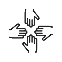 Teamwork and unity illustrated by four hands reaching inward on white background