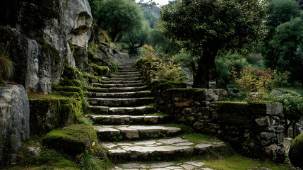 Steps of ancient stone lead through a lush green garden in a tranquil mountainous area