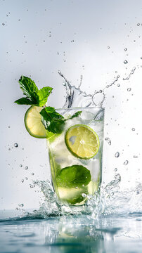 Sommerlicher Drink mit Eisw&uuml;rfeln und Strohhalm &ndash; frischer Smoothie-Splash in klarer Produktfotografie vor hellem, einfachem Hintergrund