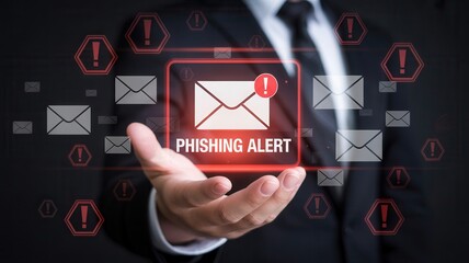 Protect your business from cyber threats with a phishing alert, email security, and internet safety awareness, showing digital risk management