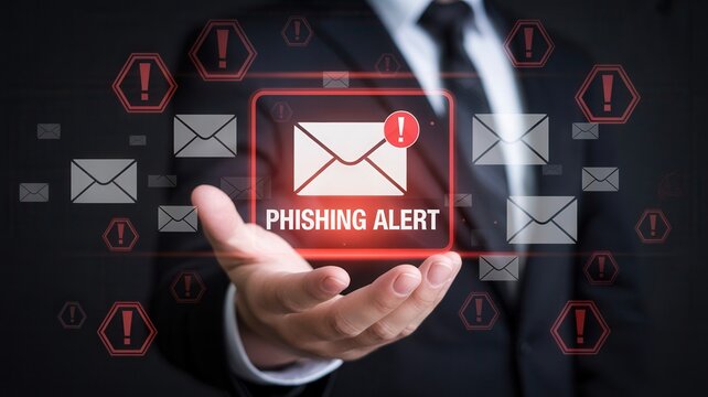 Protect your business from cyber threats with a phishing alert, email security, and internet safety awareness, showing digital risk management