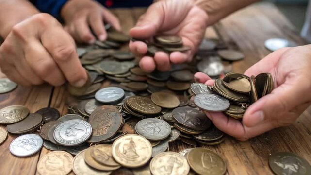 Hands sorting through a pile of various old coins and medals