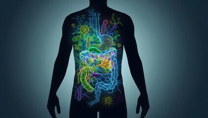 Human silhouette with digestive system and gut microbiome illustration