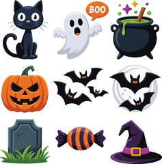 Halloween Vector Icons Black Cat, Ghost, Pumpkin, Cauldron, Bats, Tombstone, Candy, Witch Hat - Spooky Graphic Elements for Festive Designs