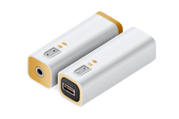 White and gold compact electronic devices, USB & audio, isolated on white transparent background