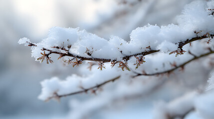 Obraz premium Snow covers branches in a serene winter landscape during early morning hours