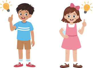 Cartoon boy and girl with idea light bulb, creative thinking concept, innovation education illustration, smart kids learning inspiration vector