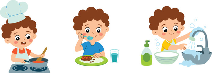 Cartoon boy cooking, eating food, washing dishes, cute chef, kitchen activities, healthy lifestyle, home chores, learning skills, happy child, daily routine