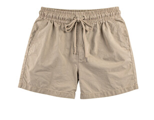 Front View Casual Beige Shorts with Drawstring Waistband, Isolated.